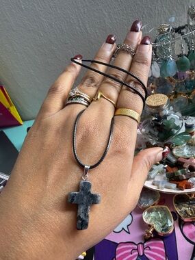 Black Stone Cross Pendant Necklace